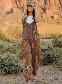 Caramel Printed V-Neck Sleeveless Jumpsuit – Sweet & Stylish